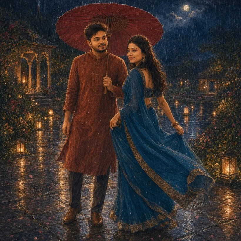 Prashant and Vibha dancing beneath one wagasa umbrella in the rain