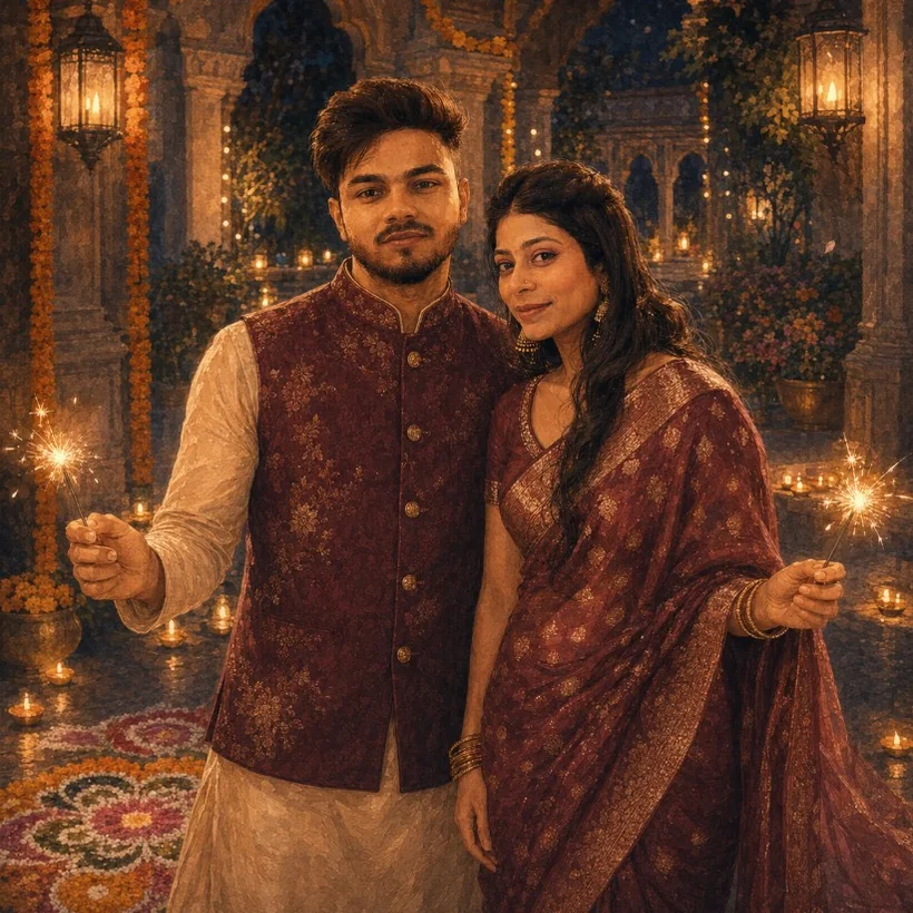 Prashant and Vibha in traditional attire holding sparklers in a festive courtyard