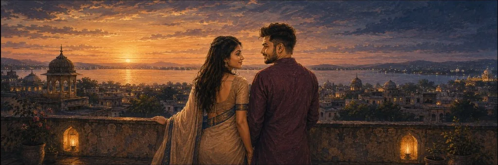 Prashant and Vibha looking toward each other above Bhopal at sunset