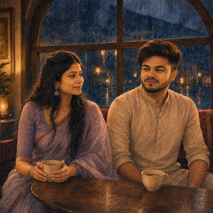Prashant and Vibha sharing chai beside a rain-covered window