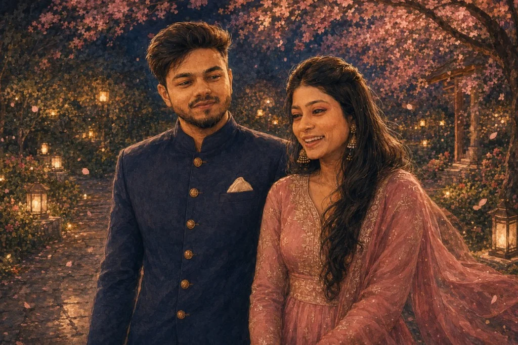 Prashant and Vibha sharing a laugh on a lantern-lit garden path