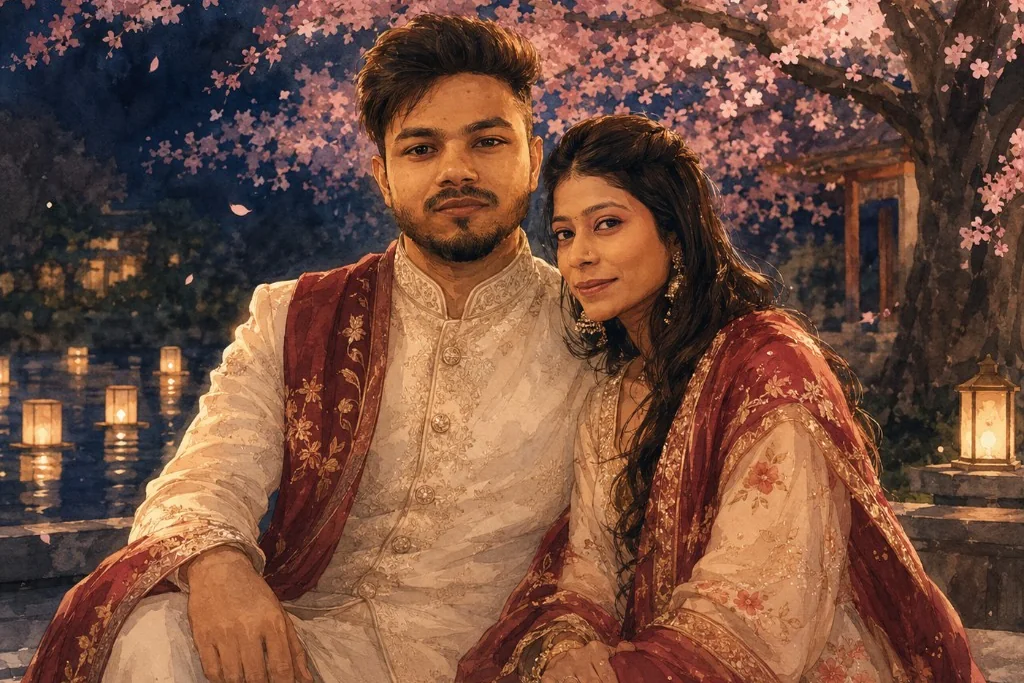Prashant and Vibha sitting together beneath sakura blossoms beside lantern-lit water