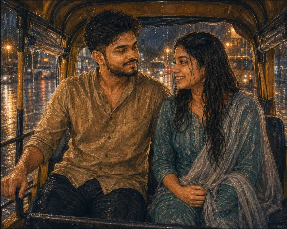 Prashant and Vibha soaked and laughing together in a rainy autorickshaw