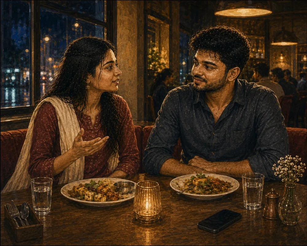 Prashant and Vibha talking over a quiet dinner the next evening in Rewa