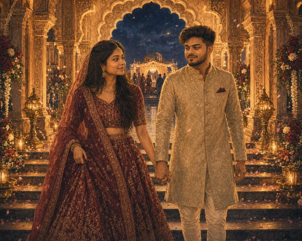 Prashant and Vibha walking together through an illuminated palace on their wedding day