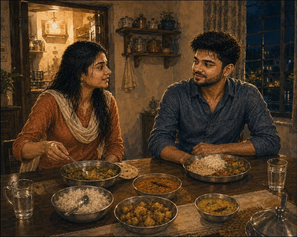 Vibha serving a homemade meal for Prashant at her place in Rewa