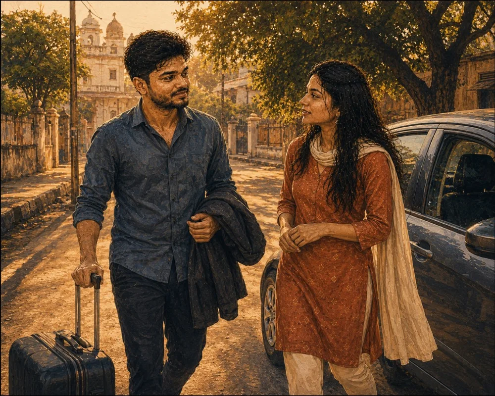 Prashant arriving in Rewa with a suitcase as Vibha comes to meet him