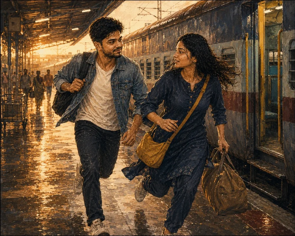 Prashant and Vibha running along a railway platform to catch her train