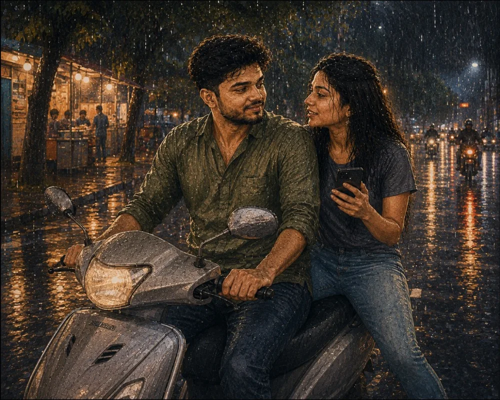 Prashant driving a scooty in the rain while Vibha sits behind holding a phone