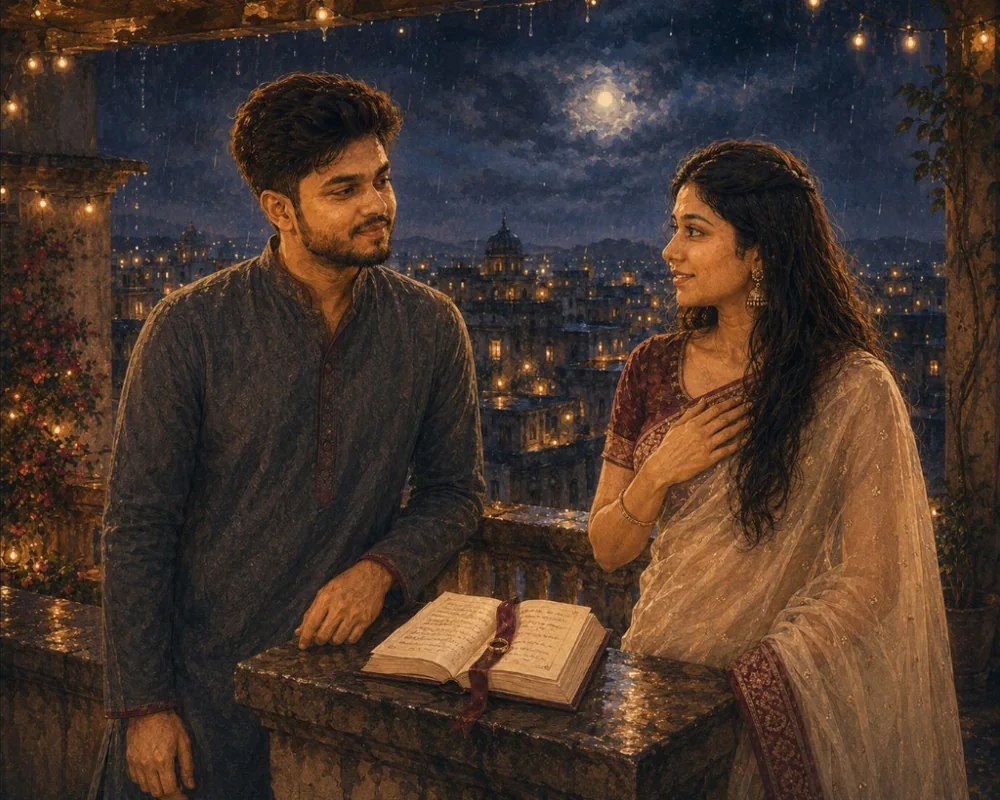 Prashant and Vibha sharing their rooftop proposal beside an open book and ring